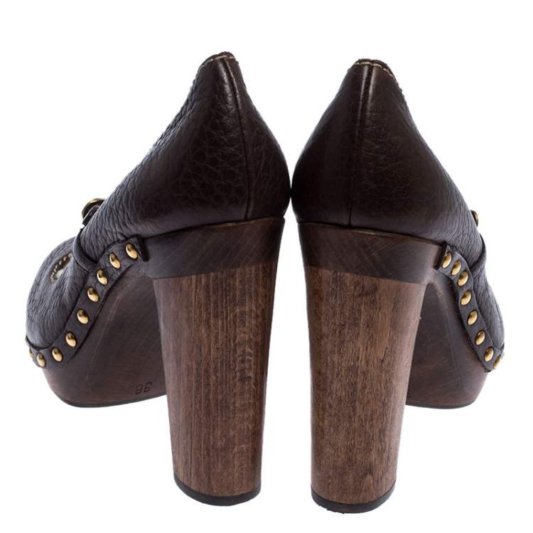 Pre Owned Dolce & Gabbana Dark Brown Leather and Shearling Mary Jane Pumps Size 38
