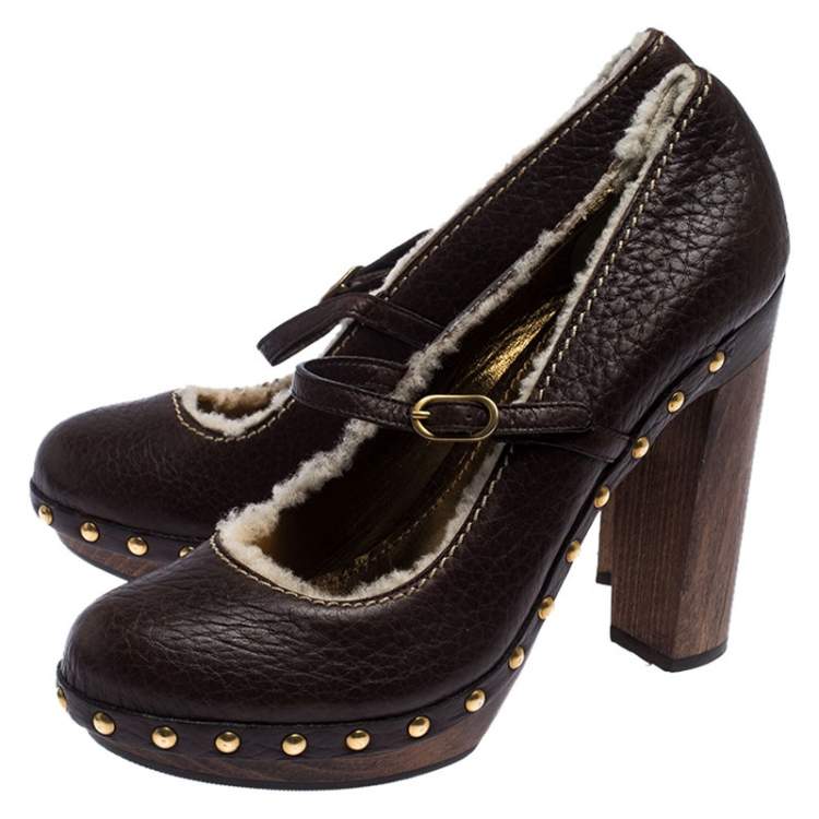 Pre Owned Dolce & Gabbana Dark Brown Leather and Shearling Mary Jane Pumps Size 38