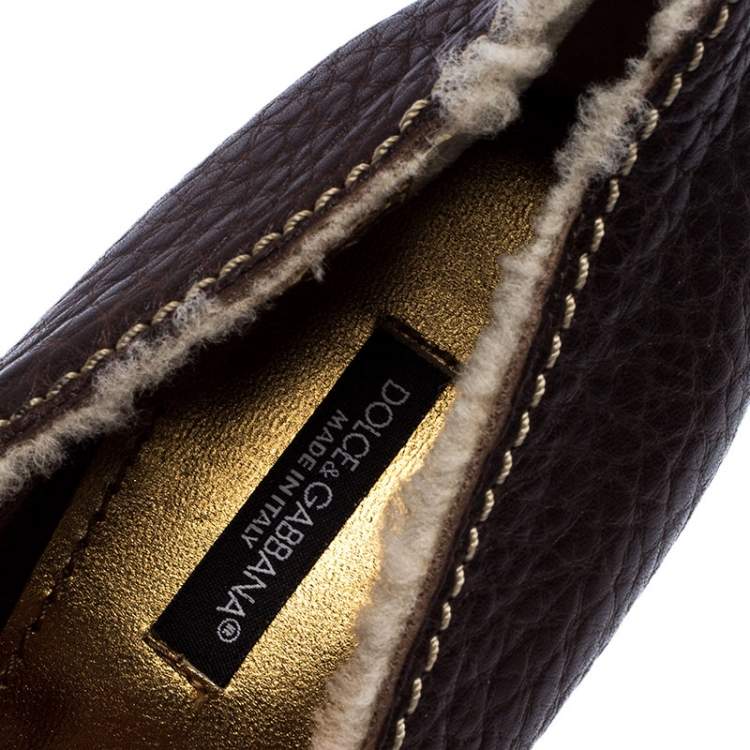Pre Owned Dolce & Gabbana Dark Brown Leather and Shearling Mary Jane Pumps Size 38