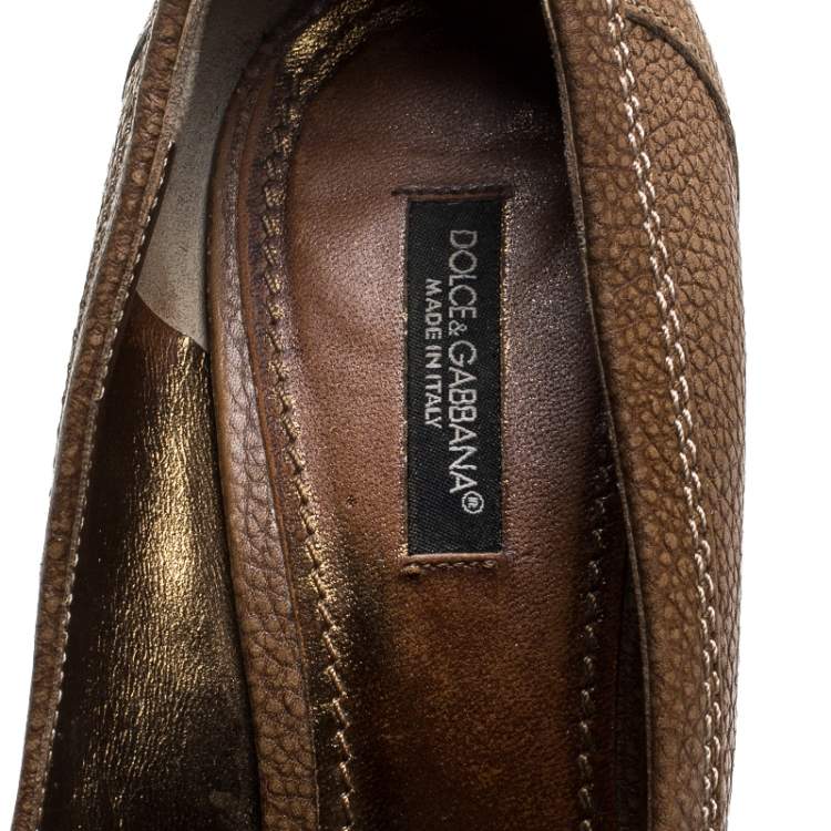 Pre Owned Dolce & Gabbana Brown Leather Embellished Loafer Pumps Size 38