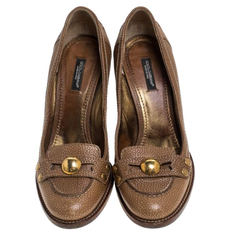 Pre Owned Dolce & Gabbana Brown Leather Embellished Loafer Pumps Size 38