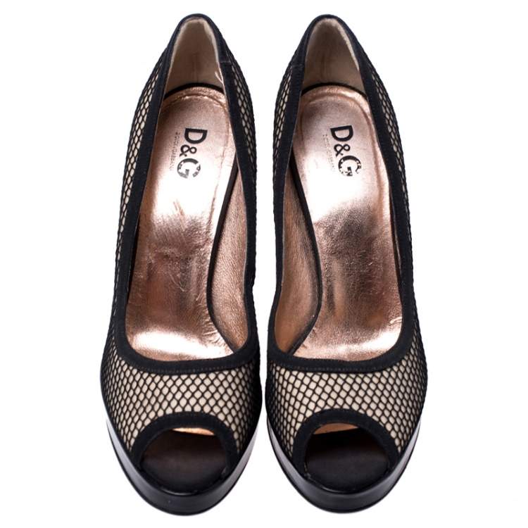 Pre Owned Dolce & Gabbana Black Mesh And Canvas Peep Toe Platform Pumps Size 40 