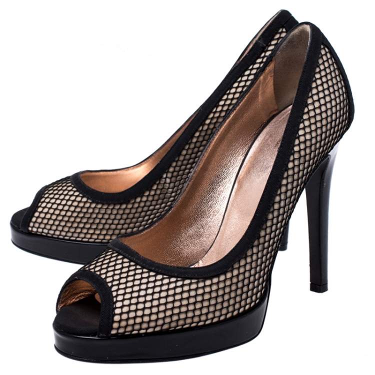 Pre Owned Dolce & Gabbana Black Mesh And Canvas Peep Toe Platform Pumps Size 40 