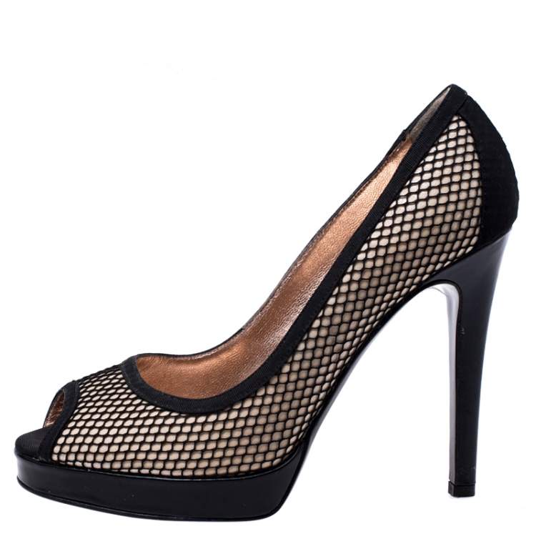 Pre Owned Dolce & Gabbana Black Mesh And Canvas Peep Toe Platform Pumps Size 40 