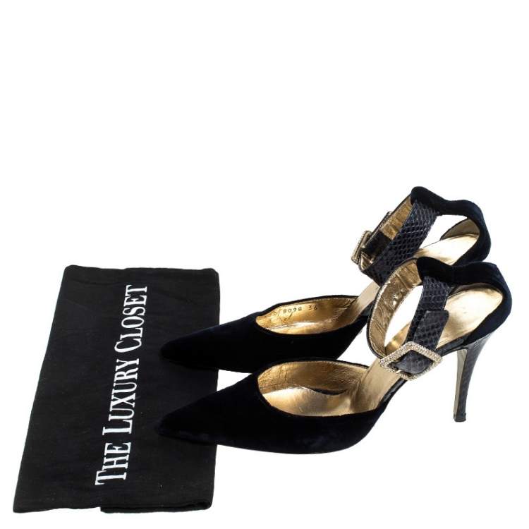 Pre Owned Dolce & Gabbana Blue Velvet And Python Ankle Strap Sandals Size 36