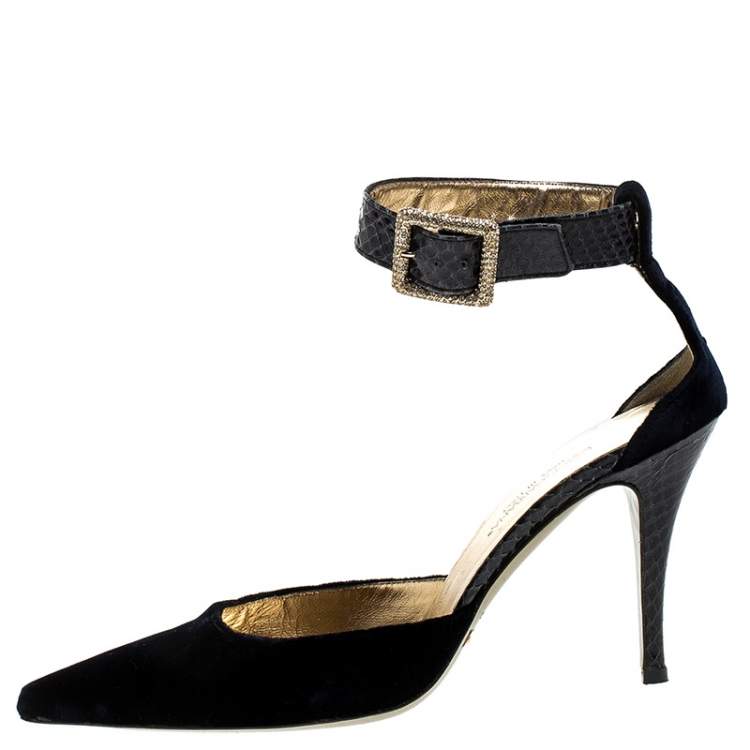 Pre Owned Dolce & Gabbana Blue Velvet And Python Ankle Strap Sandals Size 36