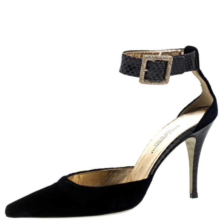 Pre Owned Dolce & Gabbana Blue Velvet And Python Ankle Strap Sandals Size 36