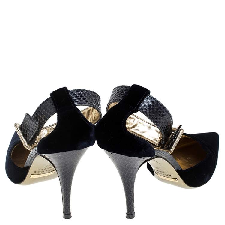 Pre Owned Dolce & Gabbana Blue Velvet And Python Ankle Strap Sandals Size 36