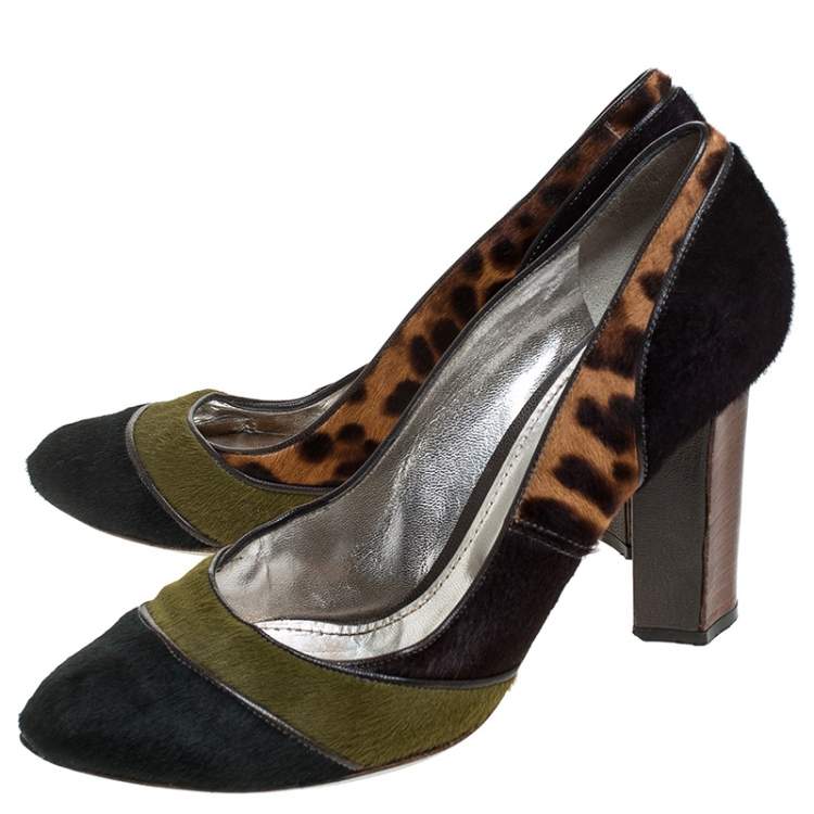 Pre Owned Dolce & Gabbana Multicolor/Leopard Print Pony Hair Block Heel Pumps Size 41