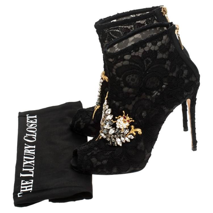 Pre Owned Dolce & Gabbana Black Lace Crystal Embellished Peep Toe Booties Size 38.5