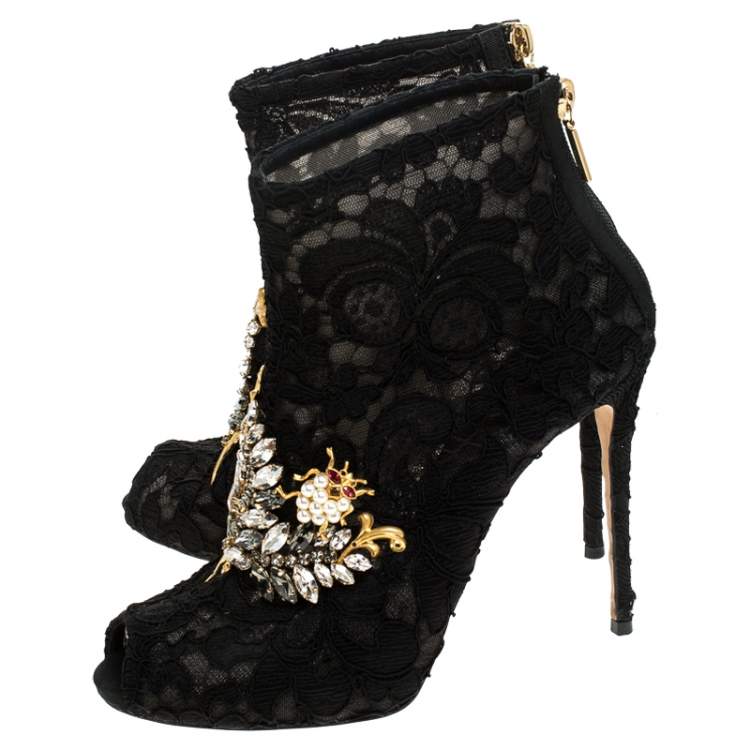 Pre Owned Dolce & Gabbana Black Lace Crystal Embellished Peep Toe Booties Size 38.5