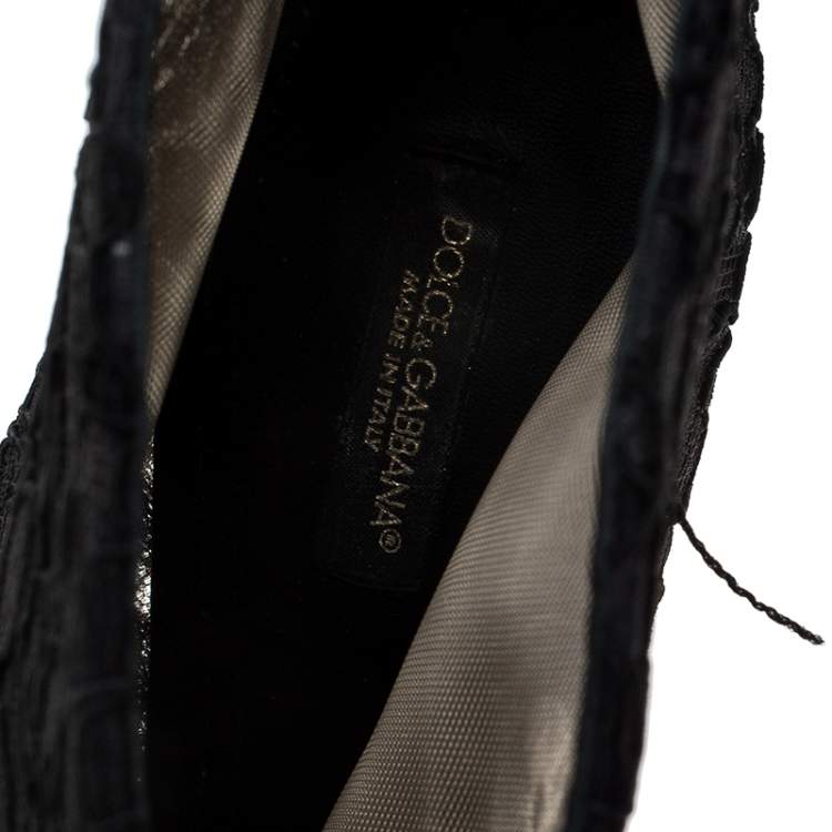 Pre Owned Dolce & Gabbana Black Lace Crystal Embellished Peep Toe Booties Size 38.5