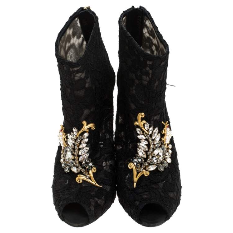 Pre Owned Dolce & Gabbana Black Lace Crystal Embellished Peep Toe Booties Size 38.5
