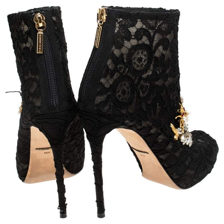 Pre Owned Dolce & Gabbana Black Lace Crystal Embellished Peep Toe Booties Size 38.5