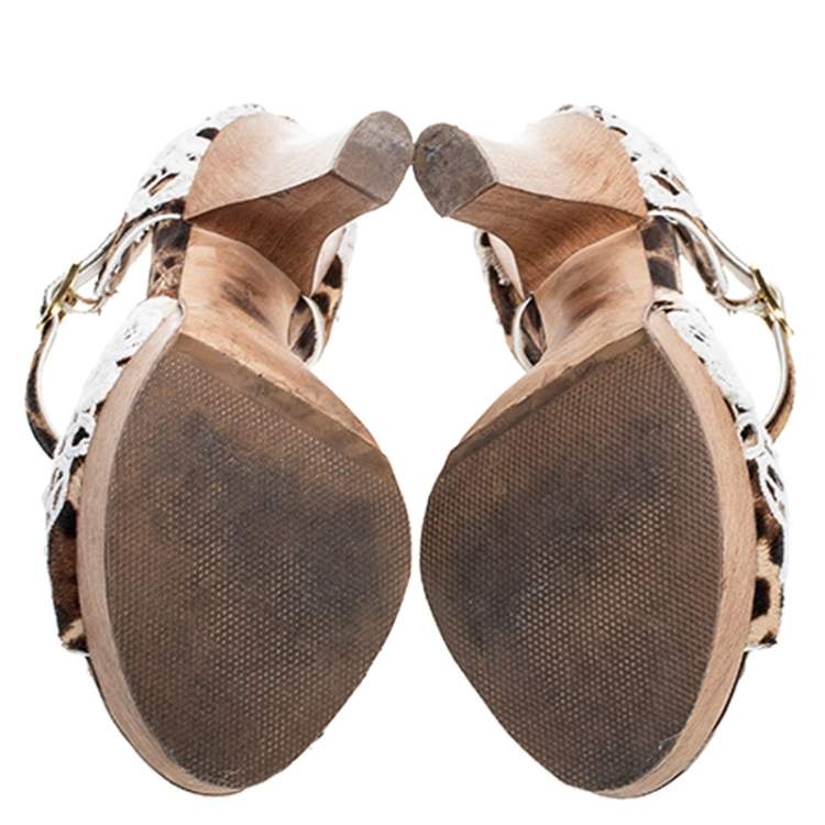 Pre Owned Dolce & Gabbana Brown Leopard Print Calf Hair Lace Detail Embellished Platform Sandals Size 37