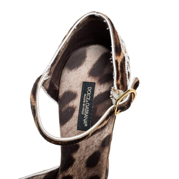 Pre Owned Dolce & Gabbana Brown Leopard Print Calf Hair Lace Detail Embellished Platform Sandals Size 37