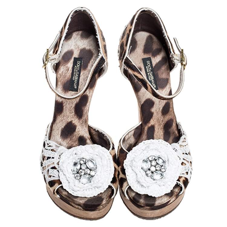 Pre Owned Dolce & Gabbana Brown Leopard Print Calf Hair Lace Detail Embellished Platform Sandals Size 37