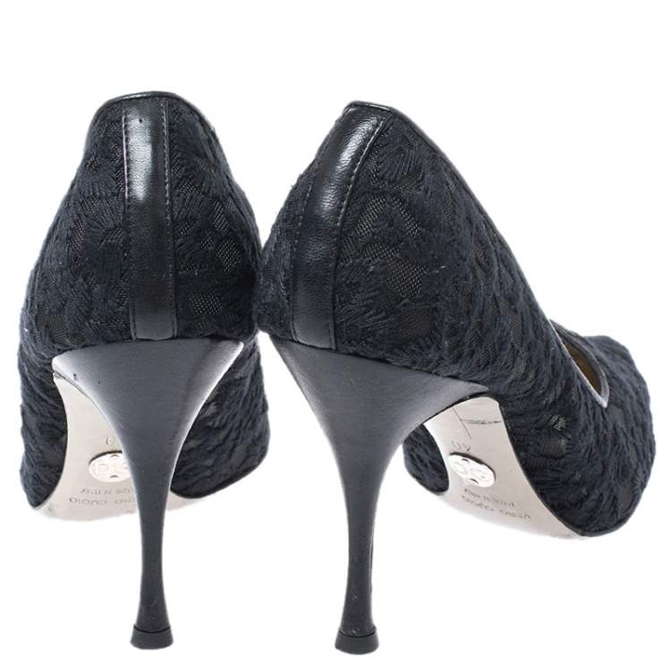 Pre Owned Dolce & Gabbana Black Embroidered Mesh And Leather Trim Pointed Toe Pumps Size 40