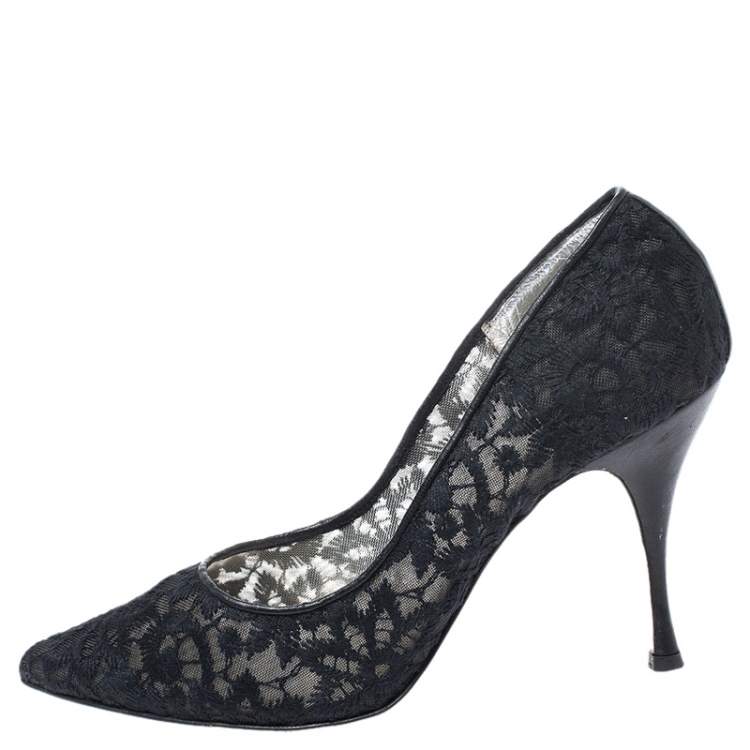 Pre Owned Dolce & Gabbana Black Embroidered Mesh And Leather Trim Pointed Toe Pumps Size 40