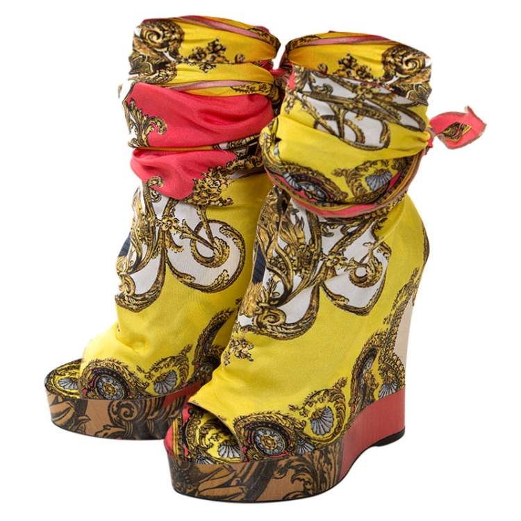 Pre Owned Dolce & Gabbana Multicolor Scarf Open Toe Ankle Wrap Wedge Pumps Size 36.5