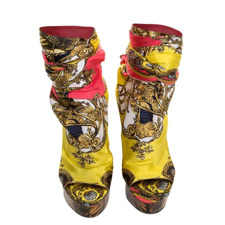 Pre Owned Dolce & Gabbana Multicolor Scarf Open Toe Ankle Wrap Wedge Pumps Size 36.5