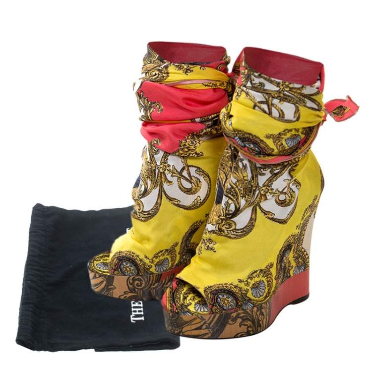 Pre Owned Dolce & Gabbana Multicolor Scarf Open Toe Ankle Wrap Wedge Pumps Size 36.5