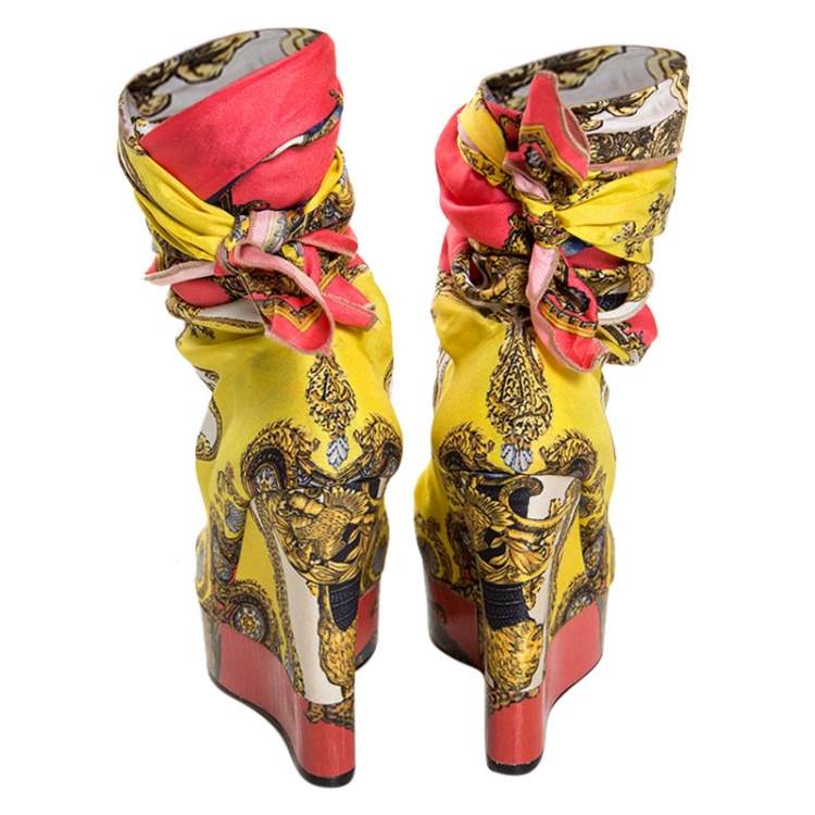 Pre Owned Dolce & Gabbana Multicolor Scarf Open Toe Ankle Wrap Wedge Pumps Size 36.5