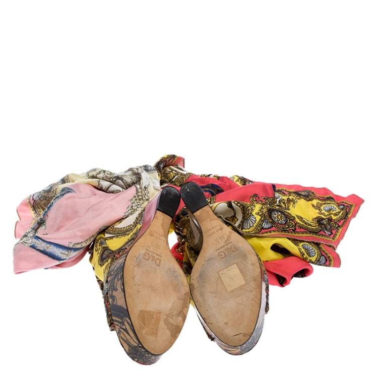 Pre Owned Dolce & Gabbana Multicolor Scarf Open Toe Ankle Wrap Wedge Pumps Size 36.5