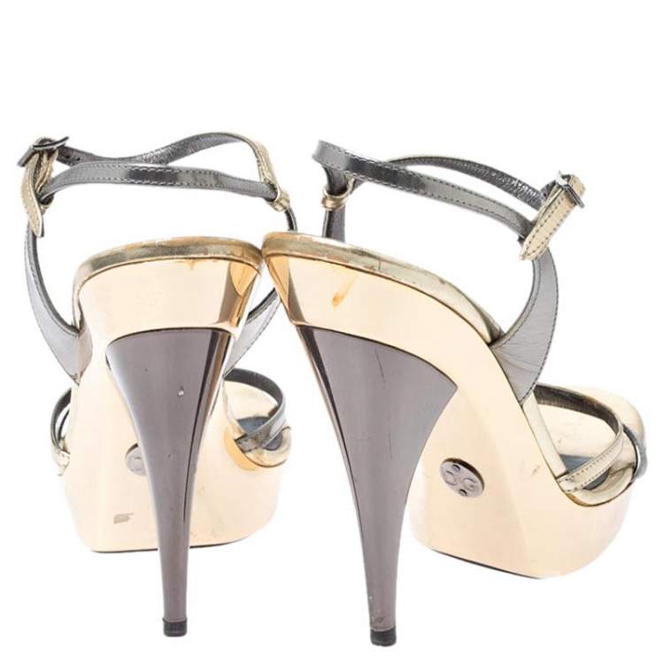 Pre Owned Dolce & Gabbana Metallic Silver/Gold Leather Strappy Platform Sandals Size 39