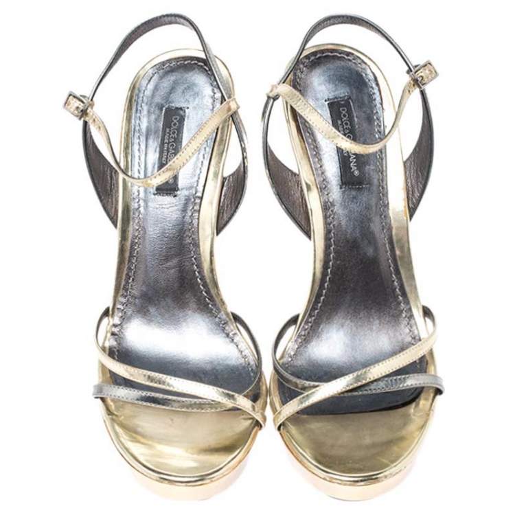 Pre Owned Dolce & Gabbana Metallic Silver/Gold Leather Strappy Platform Sandals Size 39
