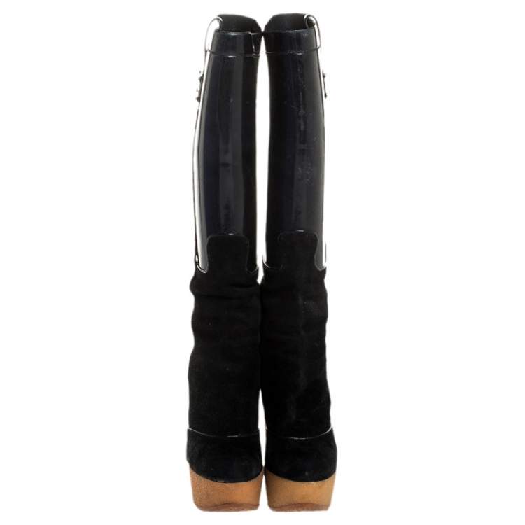 Pre Owned Dolce & Gabbana Black PVC And Suede Wedge Knee High Boots Size 39 