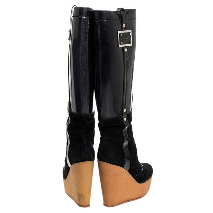 Pre Owned Dolce & Gabbana Black PVC And Suede Wedge Knee High Boots Size 39 
