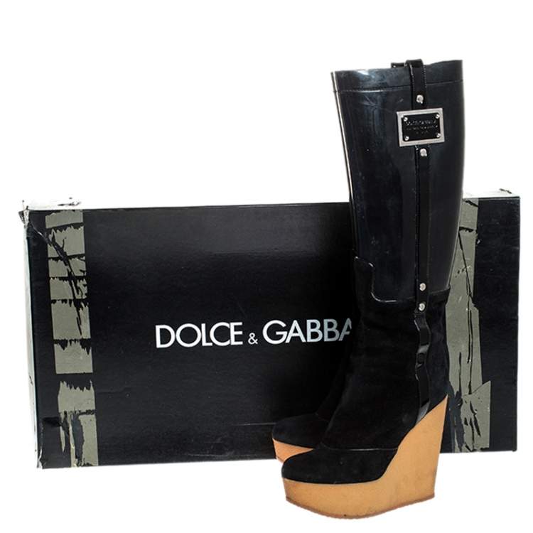 Pre Owned Dolce & Gabbana Black PVC And Suede Wedge Knee High Boots Size 39 