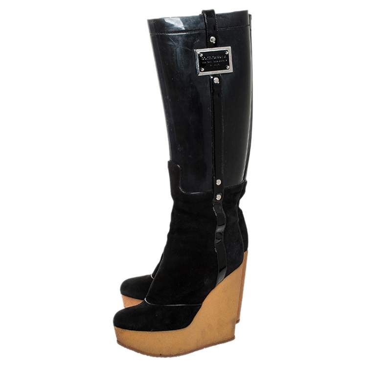 Pre Owned Dolce & Gabbana Black PVC And Suede Wedge Knee High Boots Size 39 