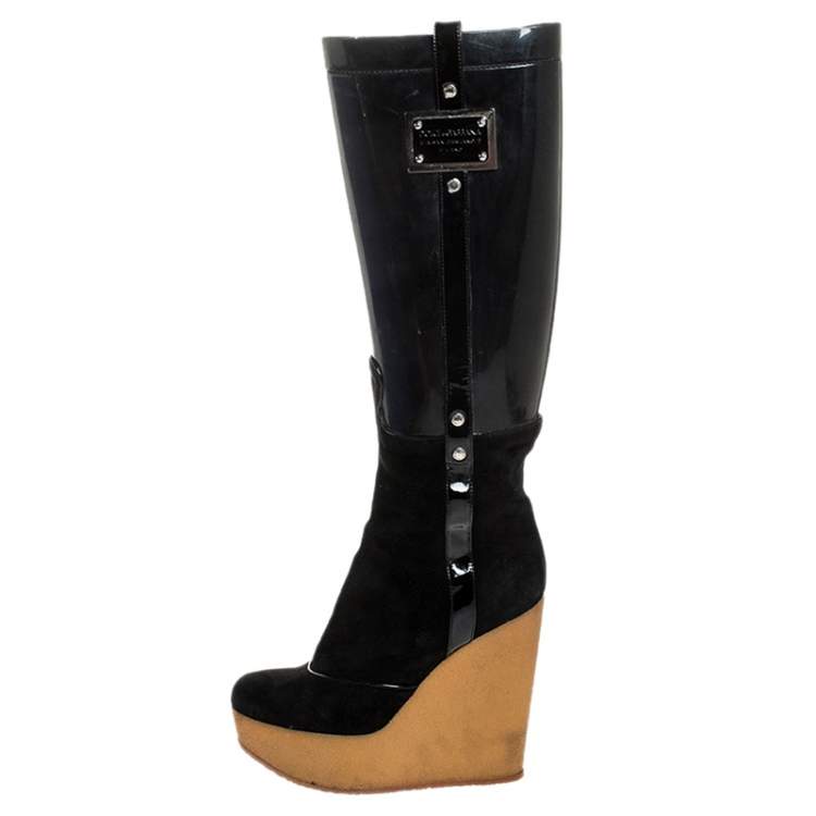 Pre Owned Dolce & Gabbana Black PVC And Suede Wedge Knee High Boots Size 39 