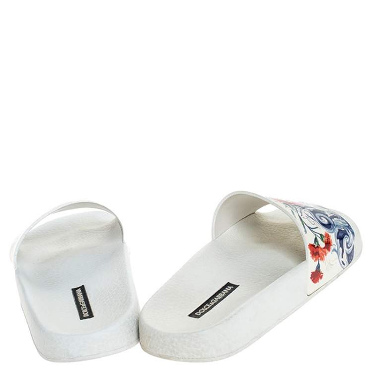 Pre Owned Dolce & Gabbana White Majolica Printed Leather Flat Slides Size 36