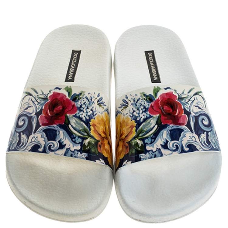 Pre Owned Dolce & Gabbana White Majolica Printed Leather Flat Slides Size 36