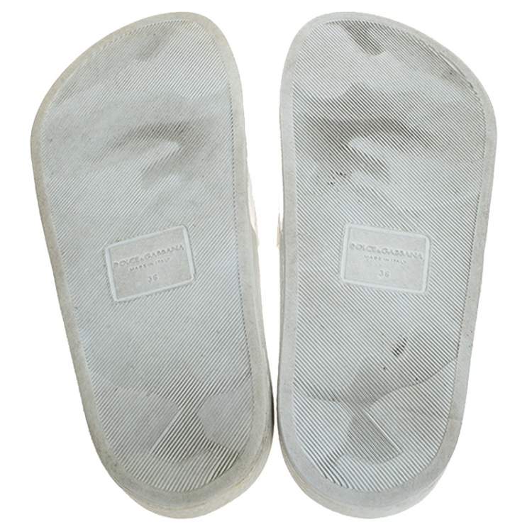 Pre Owned Dolce & Gabbana White Majolica Printed Leather Flat Slides Size 36
