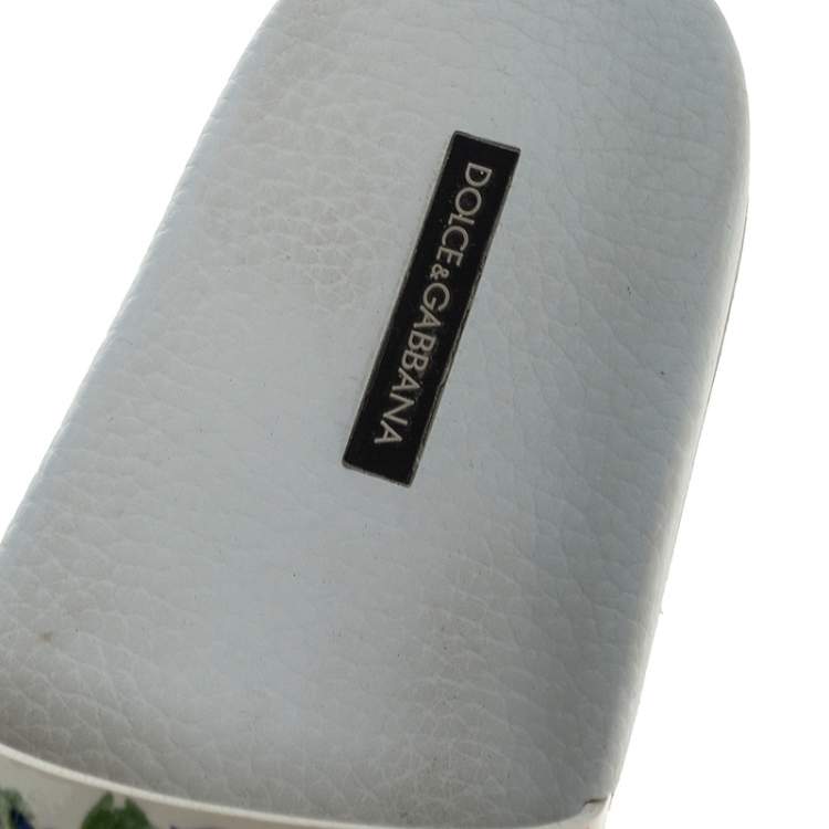 Pre Owned Dolce & Gabbana White Majolica Printed Leather Flat Slides Size 36