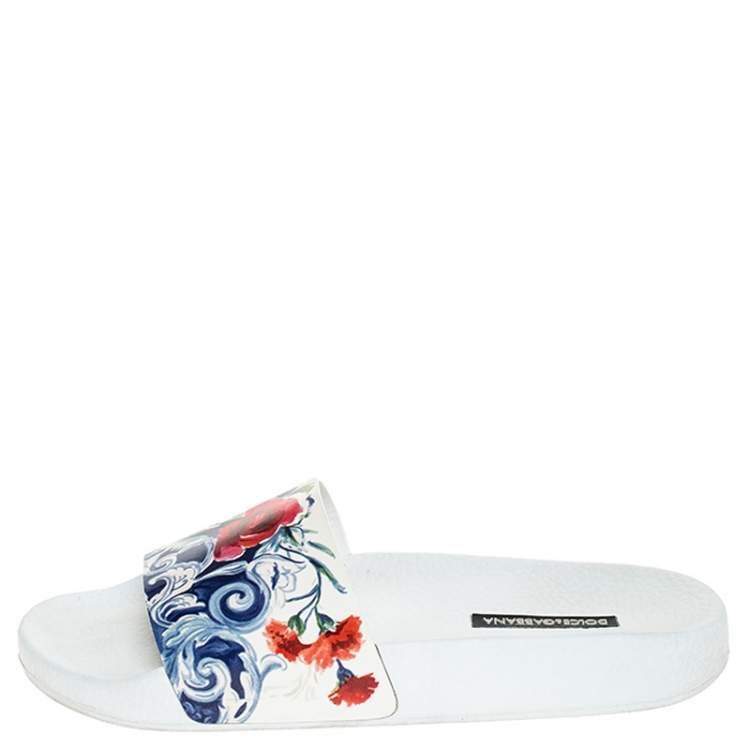 Pre Owned Dolce & Gabbana White Majolica Printed Leather Flat Slides Size 36