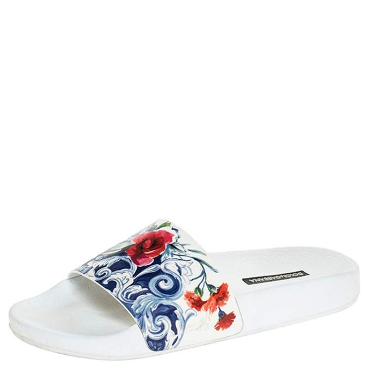 Pre Owned Dolce & Gabbana White Majolica Printed Leather Flat Slides Size 36