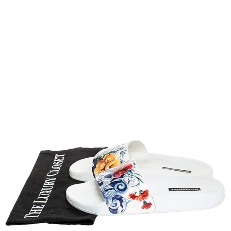 Pre Owned Dolce & Gabbana White Majolica Printed Leather Flat Slides Size 36