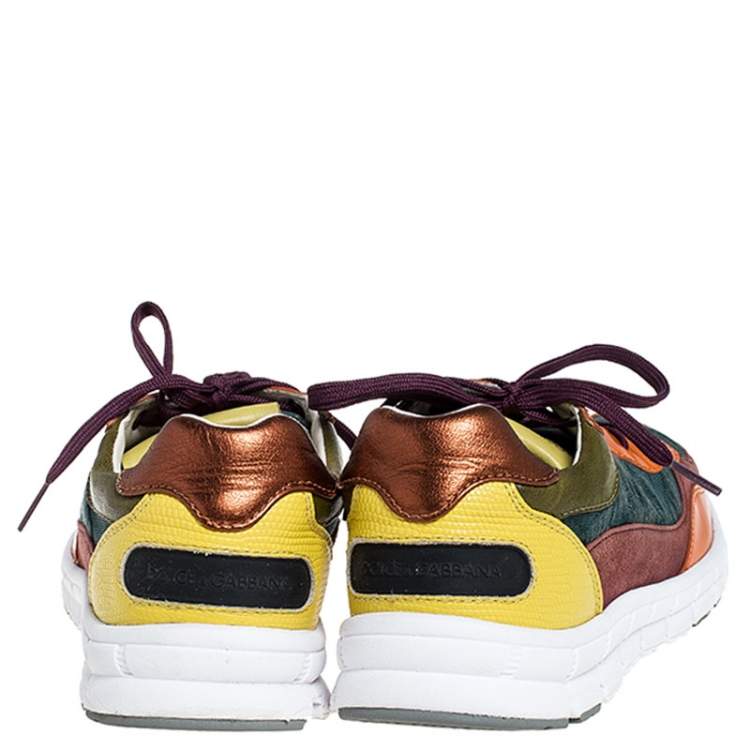 Pre Owned Dolce & Gabbana Multicolor Suede Leather And Brocade Lace Up Sneakers Size 38