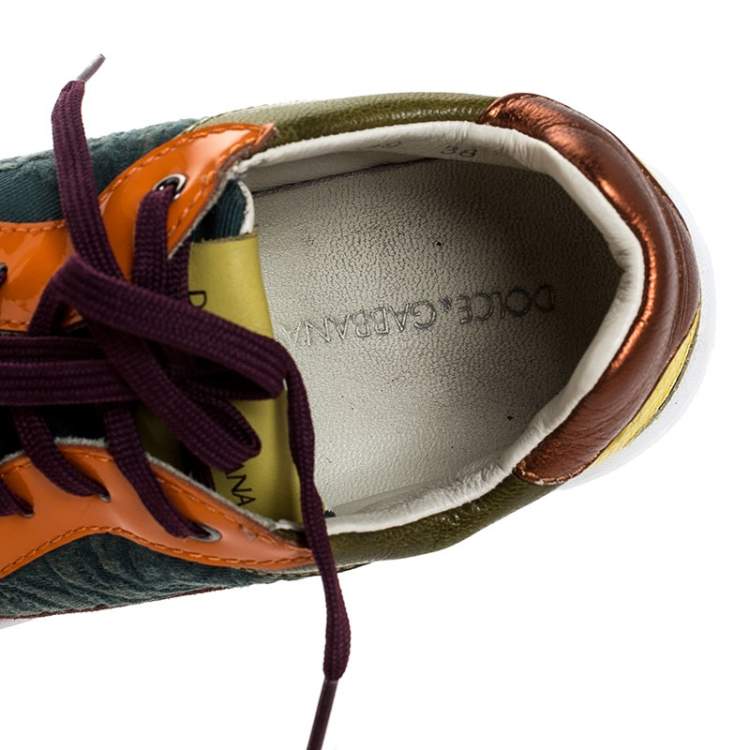 Pre Owned Dolce & Gabbana Multicolor Suede Leather And Brocade Lace Up Sneakers Size 38
