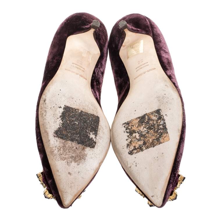 Pre Owned Dolce & Gabbana Purple Velvet Crystal Embellished Bellucci Pumps Size 38