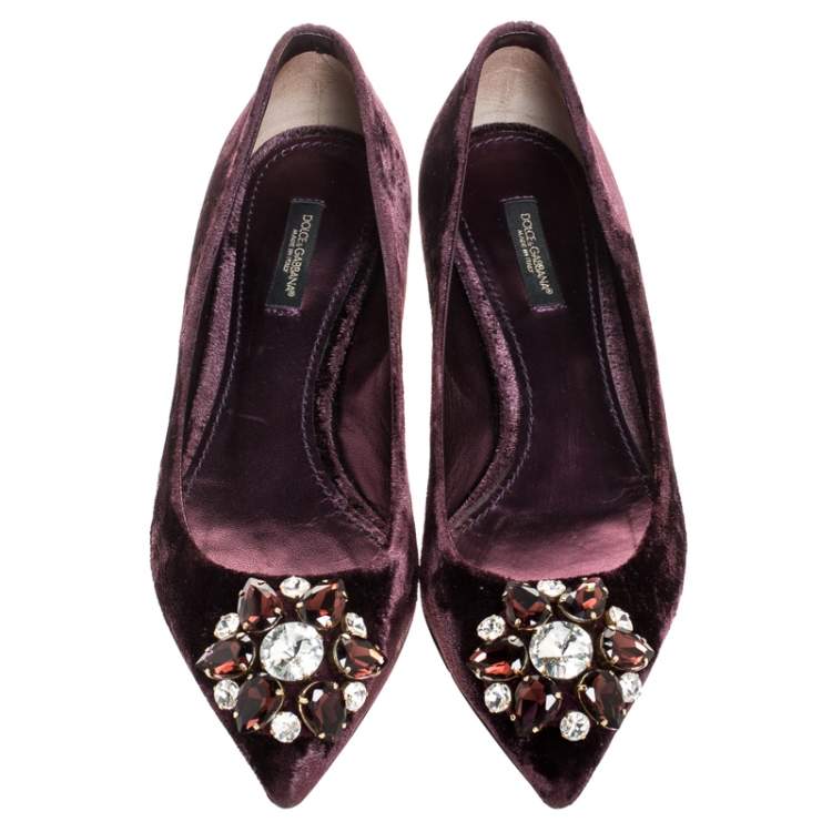 Pre Owned Dolce & Gabbana Purple Velvet Crystal Embellished Bellucci Pumps Size 38