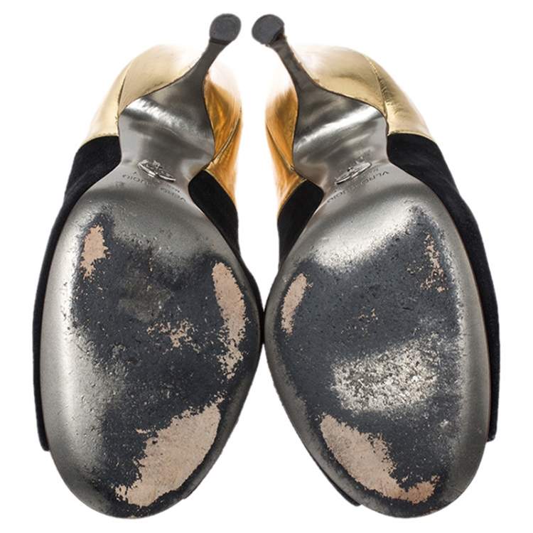 Pre Owned Dolce & Gabbana Black Suede, Python Trim and Metallic Gold Leather Open Toe Pumps Size 39.5