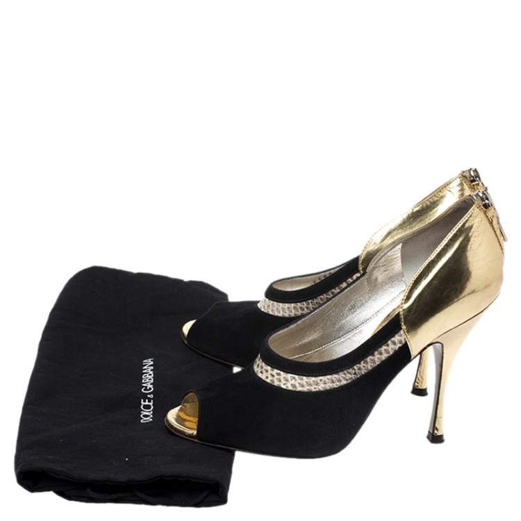 Pre Owned Dolce & Gabbana Black Suede, Python Trim and Metallic Gold Leather Open Toe Pumps Size 39.5