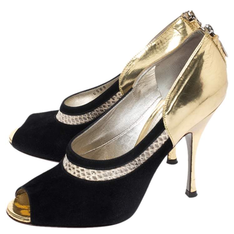Pre Owned Dolce & Gabbana Black Suede, Python Trim and Metallic Gold Leather Open Toe Pumps Size 39.5