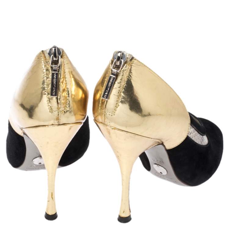 Pre Owned Dolce & Gabbana Black Suede, Python Trim and Metallic Gold Leather Open Toe Pumps Size 39.5